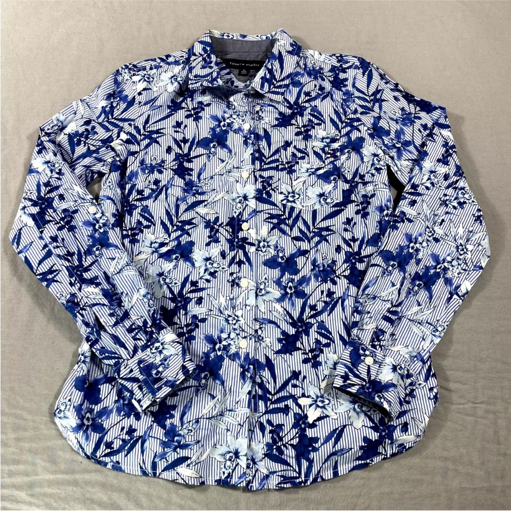 Tommy Hilfiger Blue and White Floral Blouse Hawaiian Roll Tab XS